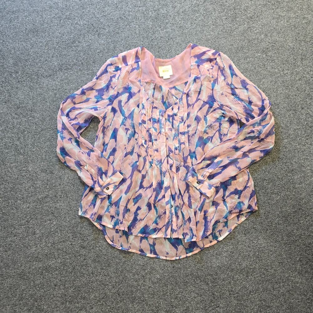 Maeve Top Womens 10 Pink Watercolor Silk Ruffle Front Long Sleeve Sheer Career